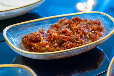 Meze or mezze starter food, selection of small dishes served as appetizers in Albanian, Bosnian, Armenian, Levantine, Turkish, Bulgarian, Greek, Egyptian, Balkan, Caucasian, Persian cuisinesの写真素材
