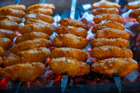 Turkish mixed grill meat, chicken wings, lamb, beef shashlik, kebab cooking on charcoal grill in restaurant in Istanbulの写真素材