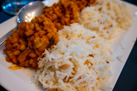 Side dishes, vegetarian mezze in Turkish restaurant, bulgur pilaf and riceの写真素材