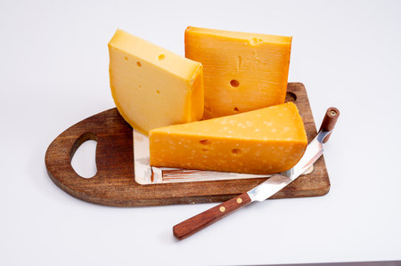Cheese collection, Dutch ripe hard cheeses made from cow milk in the Netherlands close upの写真素材