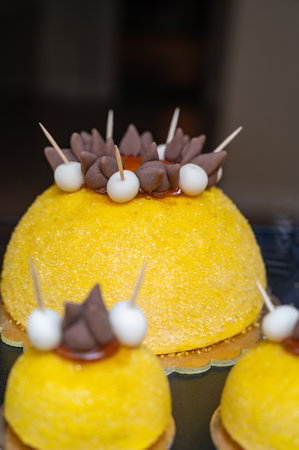 Polenta e Osei di Bergamo Alta, most renowned sweet specialty of Bergamo's cuisine, made from sponge cake, chocolate, butter, hazelnut creams and rumの写真素材