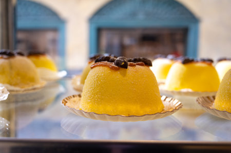 Polenta e Osei di Bergamo Alta, most renowned sweet specialty of Bergamo's cuisine, made from sponge cake, chocolate, butter, hazelnut creams and rumの写真素材