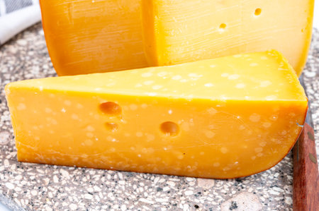 Cheese collection, Dutch ripe hard cheeses made from cow milk in the Netherlands close upの写真素材