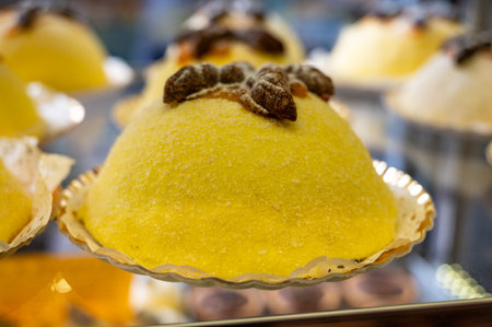 Polenta e Osei di Bergamo Alta, most renowned sweet specialty of Bergamo's cuisine, made from sponge cake, chocolate, butter, hazelnut creams and rumの写真素材