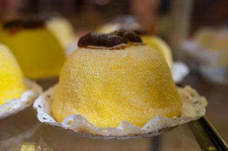 Polenta e Osei di Bergamo Alta, most renowned sweet specialty of Bergamo's cuisine, made from sponge cake, chocolate, butter, hazelnut creams and rumの写真素材