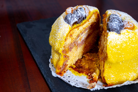 Polenta e Osei di Bergamo Alta most renowned sweet specialty of Bergamo's cuisine, made from sponge cake, chocolate, butter, hazelnut creams and rumの写真素材