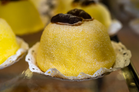 Polenta e Osei di Bergamo Alta, most renowned sweet specialty of Bergamo's cuisine, made from sponge cake, chocolate, butter, hazelnut creams and rumの写真素材