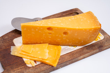 Cheese collection, Dutch very old 1000 days ripe hard cheeses made from cow milk in the Netherlands close upの写真素材