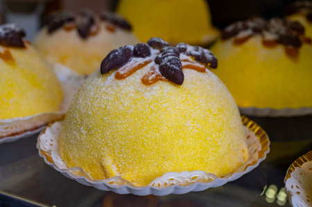 Polenta e Osei di Bergamo Alta, most renowned sweet specialty of Bergamo's cuisine, made from sponge cake, chocolate, butter, hazelnut creams and rumの写真素材