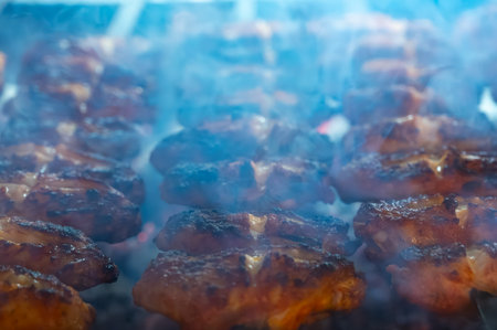 Turkish mixed grill meat, chicken wings, lamb, beef shashlik, kebab cooking on charcoal grill in restaurant in Istanbulの写真素材
