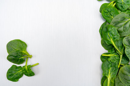 Fresh green baby Spinach leaves, diet and healthy food concept, weight loss, spinach background top view copy spaceの写真素材