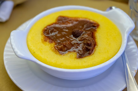 Traditional first course for lunch or dinner in Italy, yellow corn polenta porridge with stew served in Italian restaurant, Milan, Italy, close upの写真素材