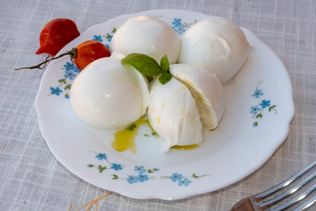 Cheese collection, white balls of soft Italian cheese mozzarella, served with olive oil, tomatoes, fresh basil leaves close upの写真素材