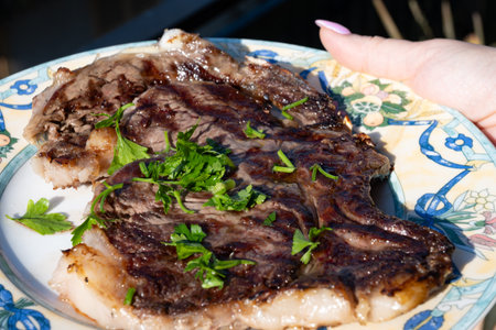Large beef rib eye steak grilled on gas stove grill in small village restaurant in Tuscany, Italyの写真素材