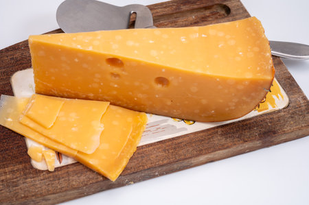 Cheese collection, Dutch very old 1000 days ripe hard cheeses made from cow milk in the Netherlands close upの写真素材
