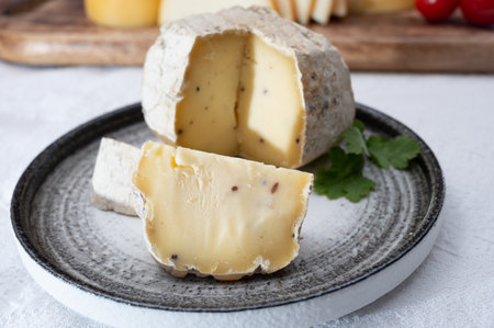 Italian small piece of hard cheese truffleino romano with black summer truffles mushrooms close up