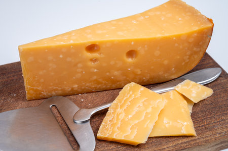 Cheese collection, Dutch very old 1000 days ripe hard cheeses made from cow milk in the Netherlands close upの写真素材