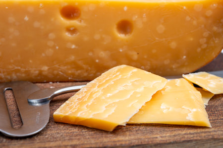 Cheese collection, Dutch very old 1000 days ripe hard cheeses made from cow milk in the Netherlands close upの写真素材