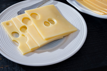 Swiss cheese collection, yellow emmentaler or emmental cheese with round holes sliced close upの写真素材