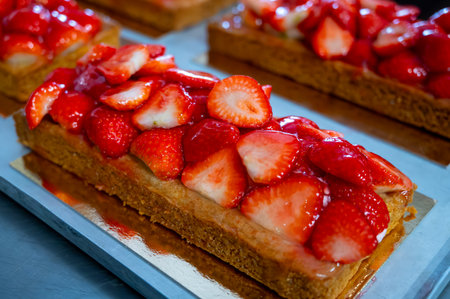 Dutch cuisine, fresh baked strawberry cake with cream and fresh fruits in bakery shopの写真素材