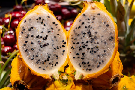 Yellow ripe juicy gragon fruit pitaya, tasty tropical exotic fruits close upの写真素材