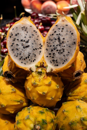 Yellow ripe juicy gragon fruit pitaya, tasty tropical exotic fruits close upの写真素材