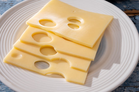 Swiss cheese collection, yellow emmentaler or emmental cheese with round holes sliced close upの写真素材