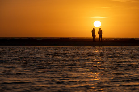 Man and woman staying and looking at sunset on ocean beach, orange sky, silhouettes of people on vacation, Canary islandsの写真素材