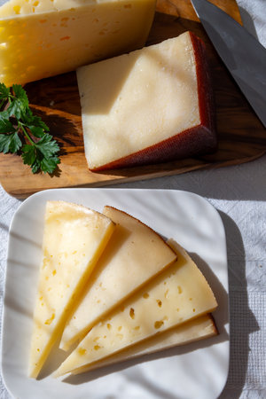 Spanish hard manchego, cow, sheep and goat cheese close upの写真素材