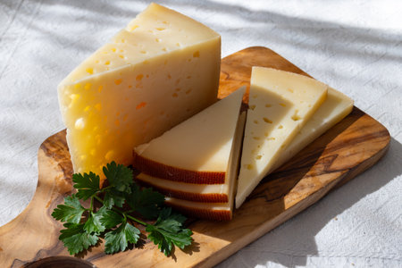 Spanish hard manchego, cow, sheep and goat cheese close upの写真素材
