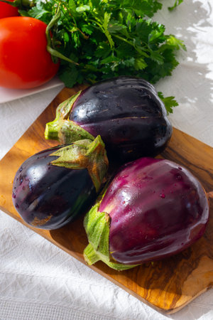 Raw young eggplants vegetables from organic vegetables farm on Fuerteventura island, Canary islands, Spainの写真素材