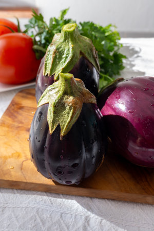 Raw young eggplants vegetables from organic vegetables farm on Fuerteventura island, Canary islands, Spainの写真素材
