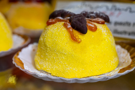 Polenta e Osei di Bergamo Alta, most renowned sweet specialty of Bergamo's cuisine, made from sponge cake, chocolate, butter, hazelnut creams and rumの写真素材