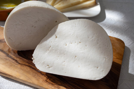 Freshly strained white soft goat cow sheep milk cheese, young Spanish cheese, close-upの写真素材