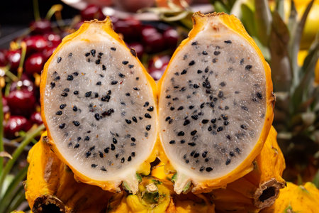 Yellow ripe juicy gragon fruit pitaya, tasty tropical exotic fruits close upの写真素材