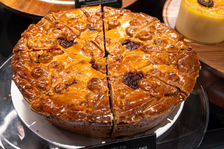 Classical closed apple pie with apples, raisins and cinnamon, close up