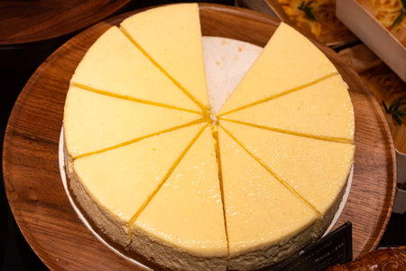 Traditional American sweet dessert fresh baked cheesecake tart New York styleの写真素材