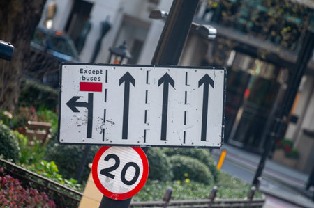Transportation in London city, roads, road signes, street signs, different warnings, indicating of...