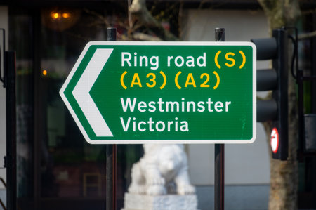 Transportation in London city, roads, road signes, street signs, different warnings, indicating of...