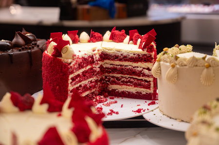 Red fruit sweet dessert red velvet tart with fresh strawberries and whipped creamの写真素材