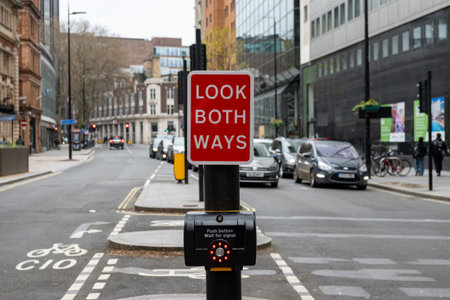 Transportation in London city, roads, road signes, street signs, different warnings, indicating of directions in Great Britain, city life in Englandの写真素材