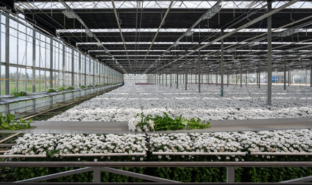 White Chrysanthemum flowers growth in huge Dutch greenhouse, fresh flowers for shops and auctions world wide delivery, package beltの写真素材