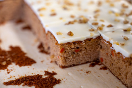 Vegan carrots gluten-free cake with walnuts in piecesの写真素材