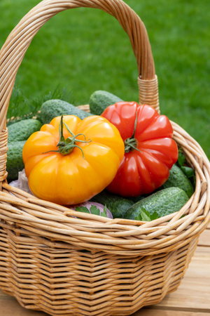 Organic garden growing vegetables, fresh green small cucumbers, garlic, tomato, dill in wicker basket on red backgroundの写真素材