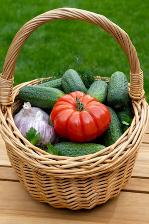 Organic garden growing vegetables, fresh green small cucumbers, garlic, tomato, dill in wicker basket on red backgroundの写真素材