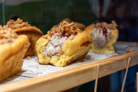 Typical snacks of Basque Country, variety of pinchos or pinxtos oven baked seafood, bread, skewers...