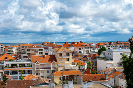 Walking in sunny Arcachon, vacation destination town on Atlantic coast with beautiful parks, villas, streets and sandy beach and pine trees, Franceの写真素材