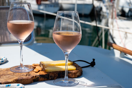 Party with cold rose wine on yacht boat anchored in port la Rague, Gulf of La Napoule, in Provence, two glasses of cold rose wine, French Riviera near Cannes, south of Franceの写真素材