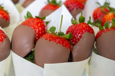 Fresh ripe red strawberry dipped in melted dark chocolate, sweet dessertの写真素材