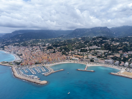 Aerial view on French Riviera, Menton, Monte-Carlo and Monaco and blue Mediterranean Sea from French-Italian border in Ventimiglia, travel destination, panoramic view from aboveの写真素材